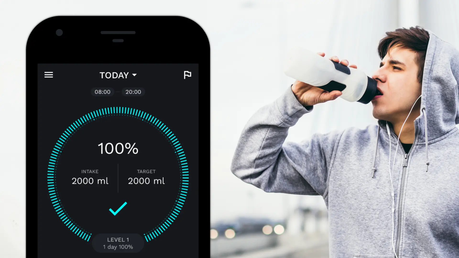 Hydrillo app interface showing a circular progress indicator for daily water intake, with the goal and intake amounts clearly displayed.