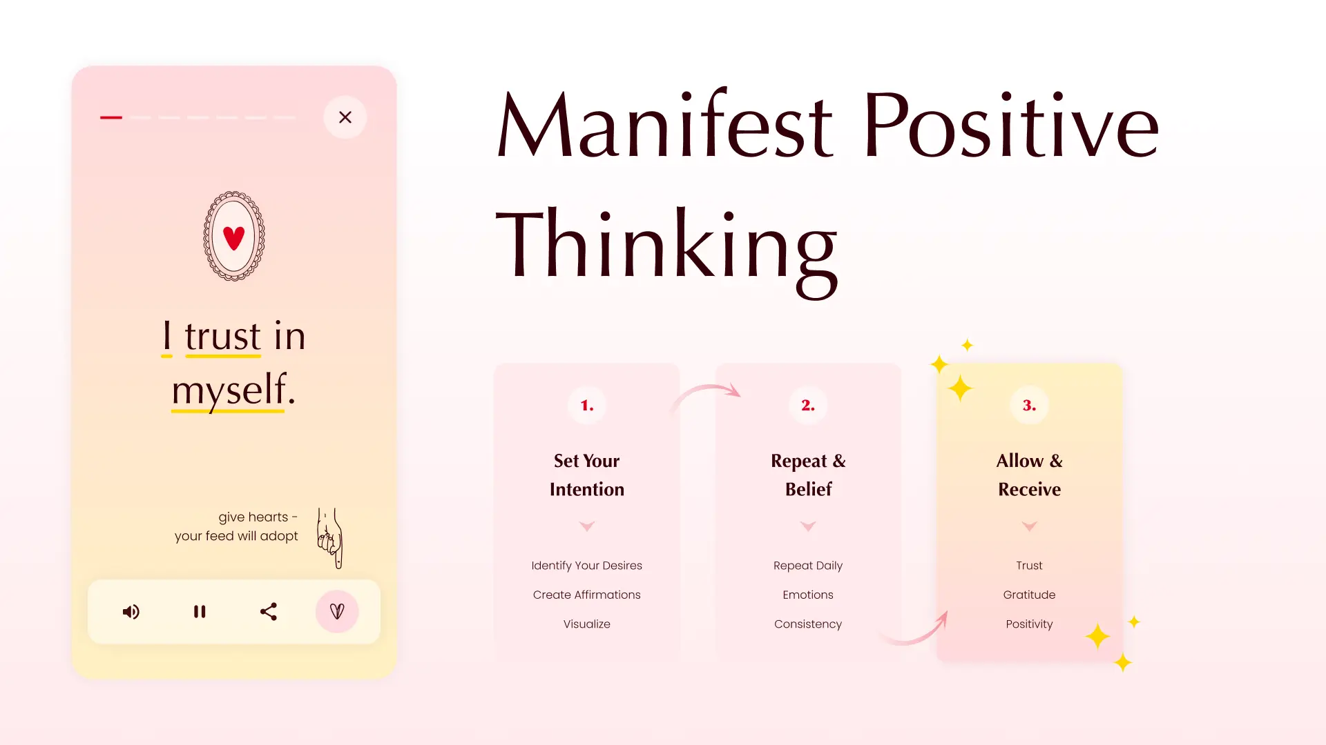 Positive Affirmations app interface with steps to manifest positive thinking