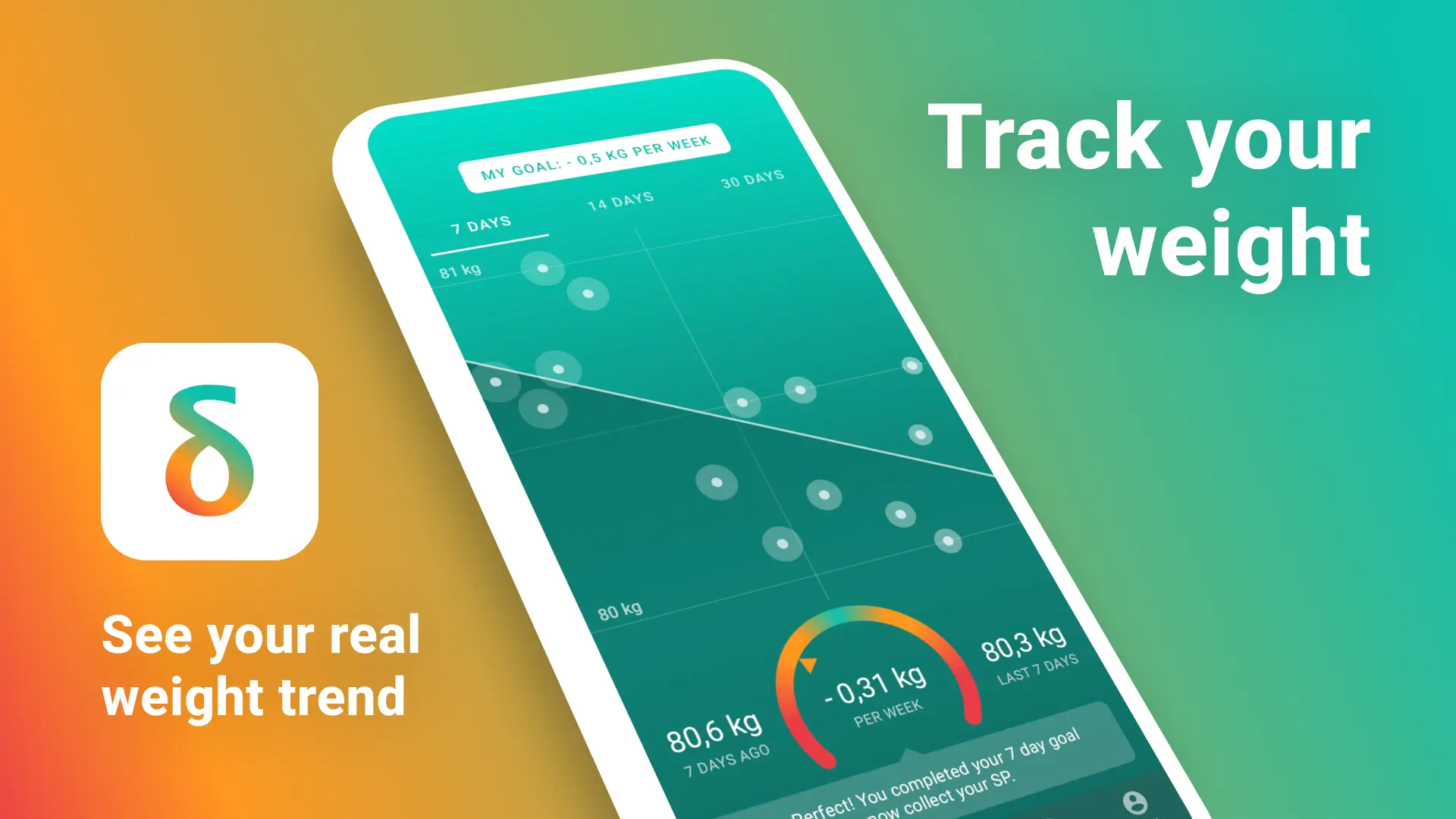 Scelta weight tracking app interface showing weight trend graph